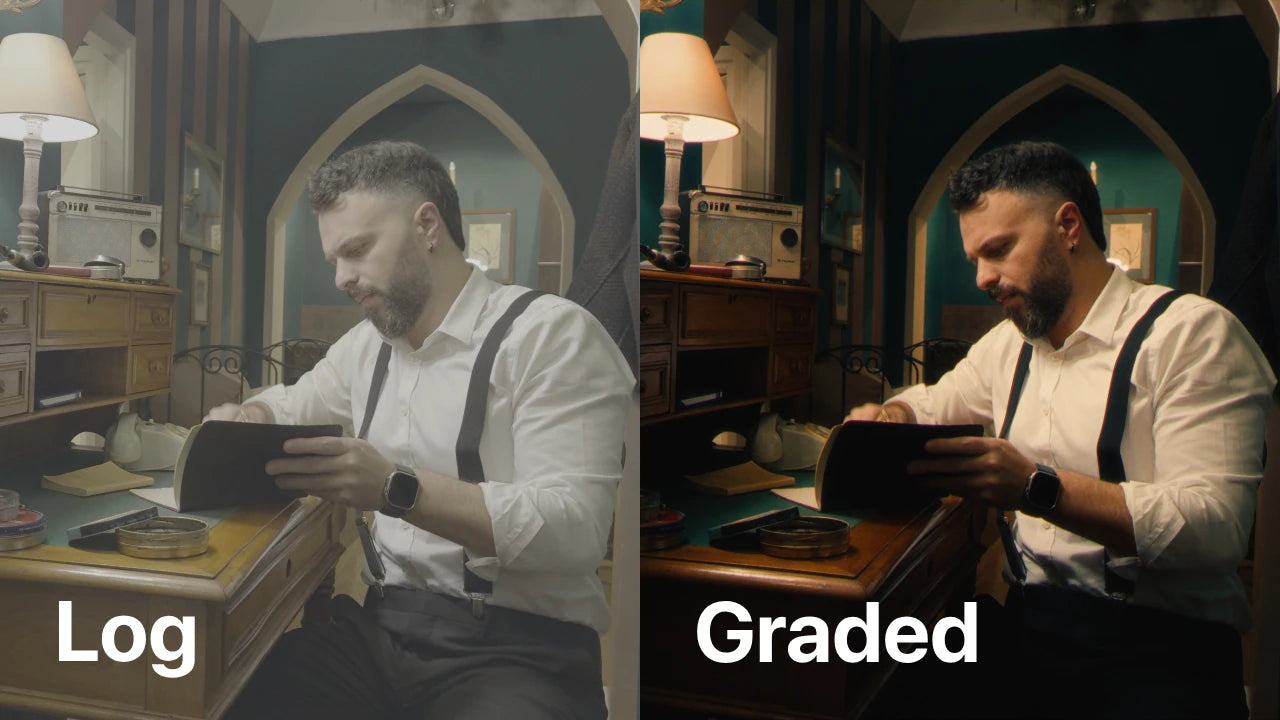 editor grading flat log footage on monitor