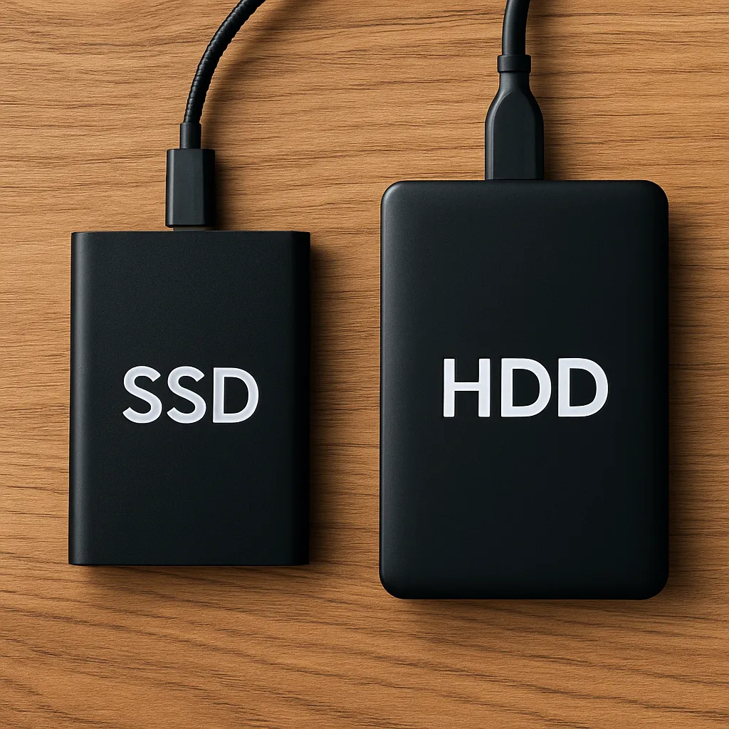 external hard drives and SSDs on desk