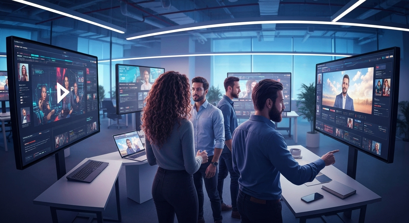 marketing team watching corporate video on screen