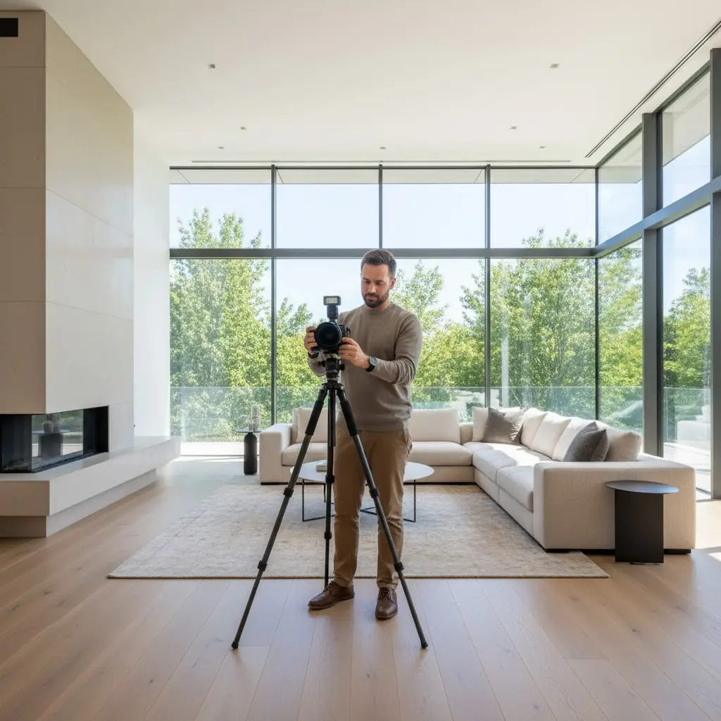 real estate photographer camera tripod modern kitchen