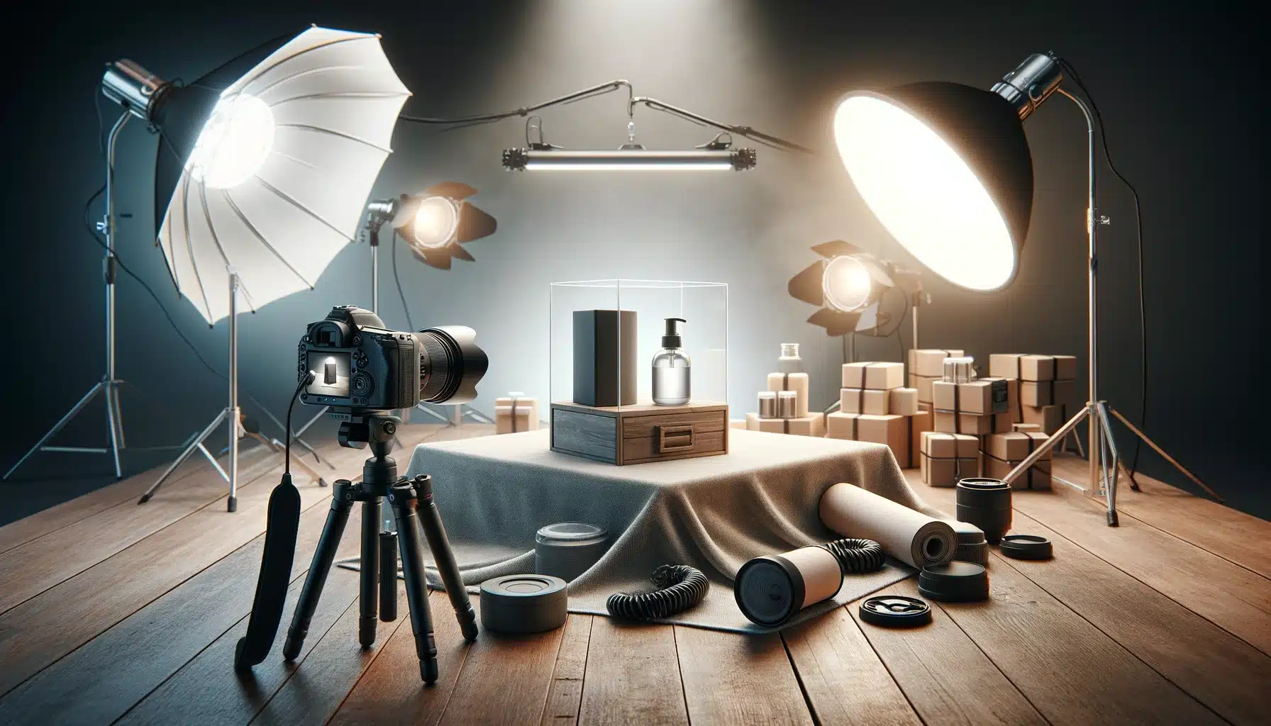 behind the scenes of a product photography shoot with multiple items staged on a table and lighting equipment