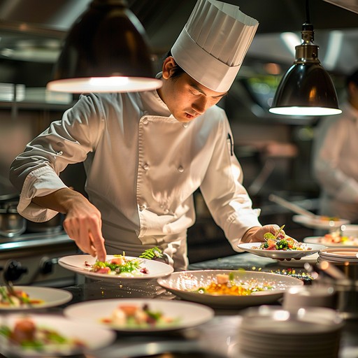 chef plating dish under kitchen lights