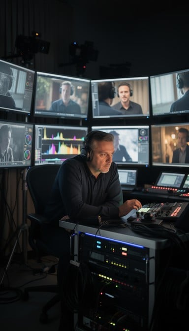 director reviewing footage on location monitor