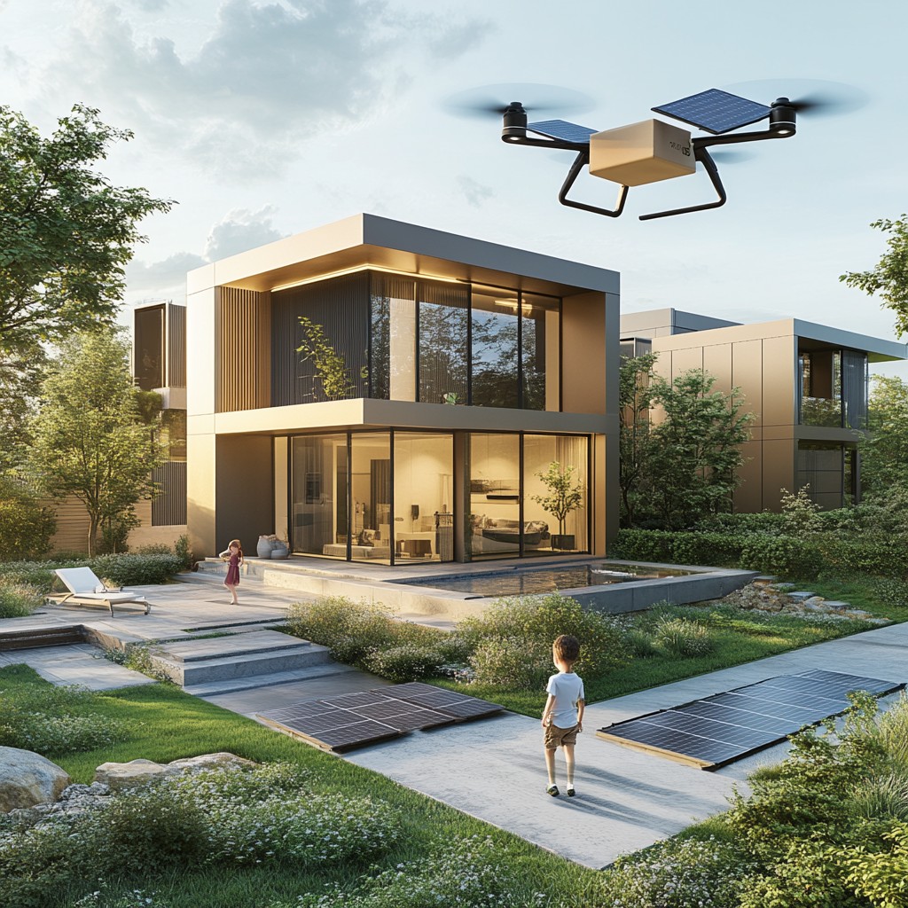 drone videographer flying DJI drone over modern house