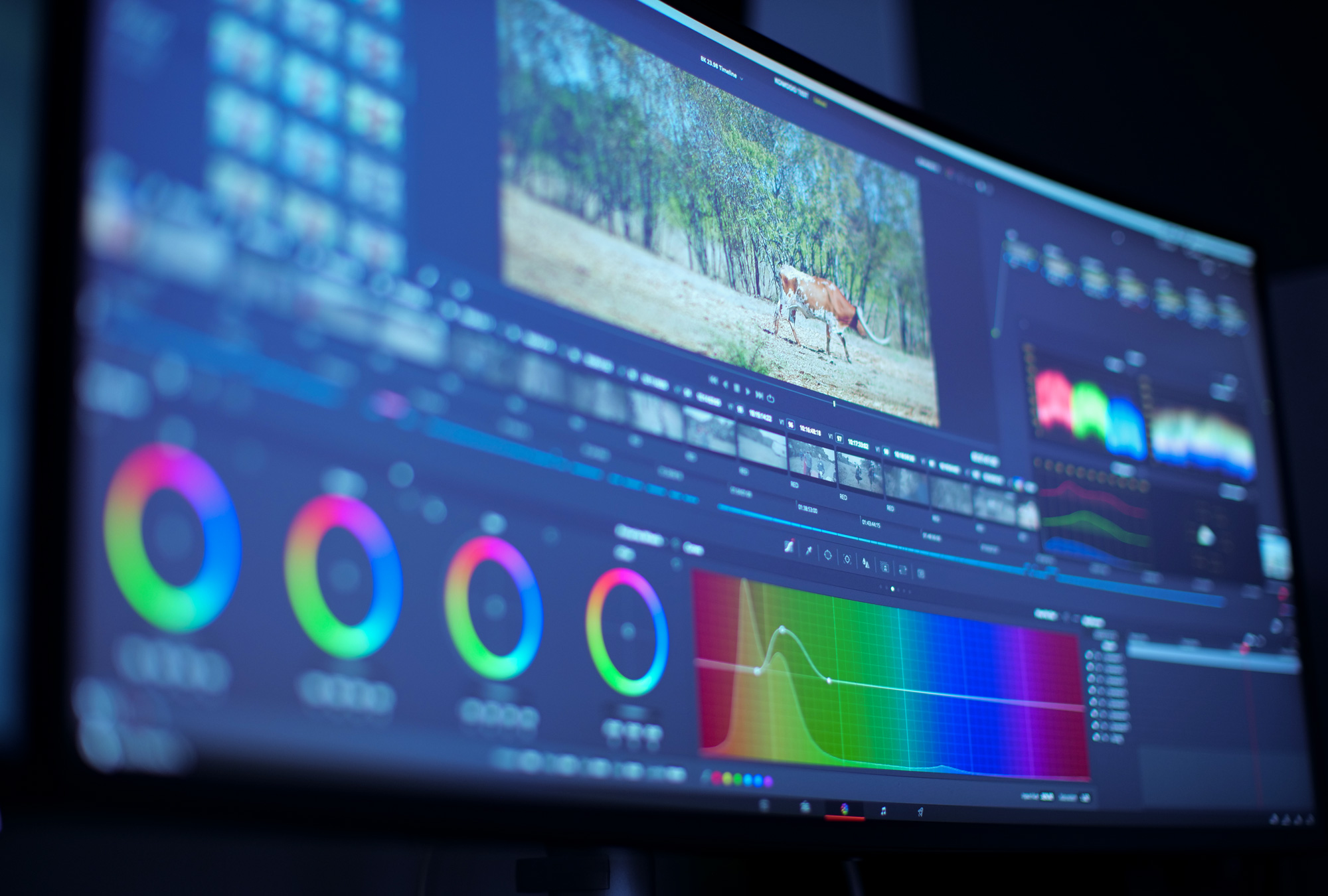 editor color grading testimonial footage on timeline
