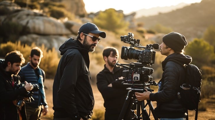 film crew with lighting rig and camera dolly on location