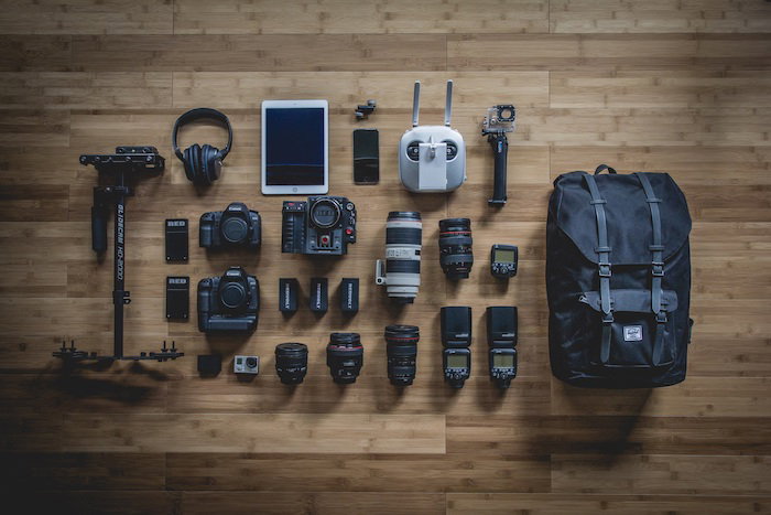 flat lay of professional camera gear and gimbal