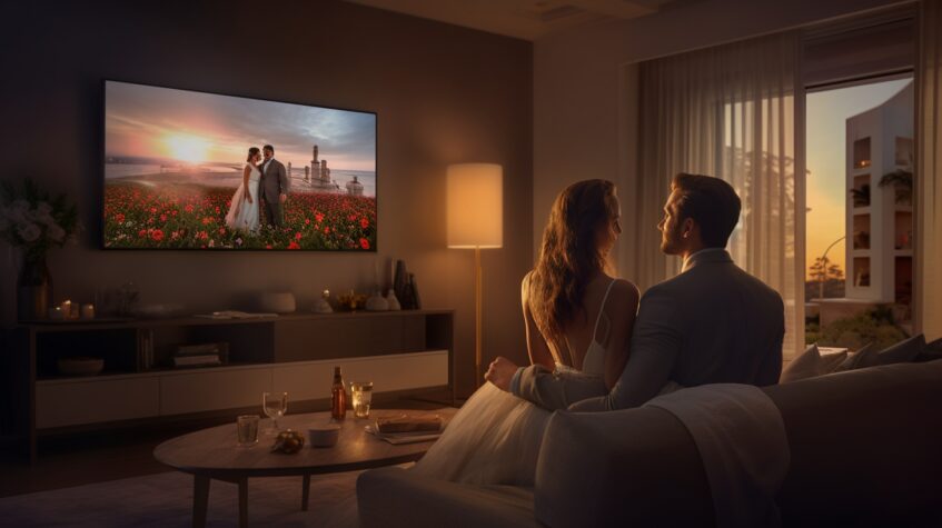 newlyweds watching wedding film on living room television