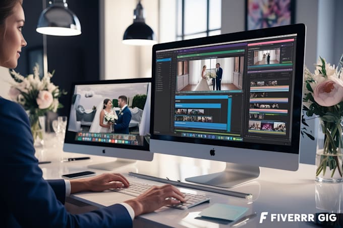 video editor color grading wedding footage on a dual monitor setup