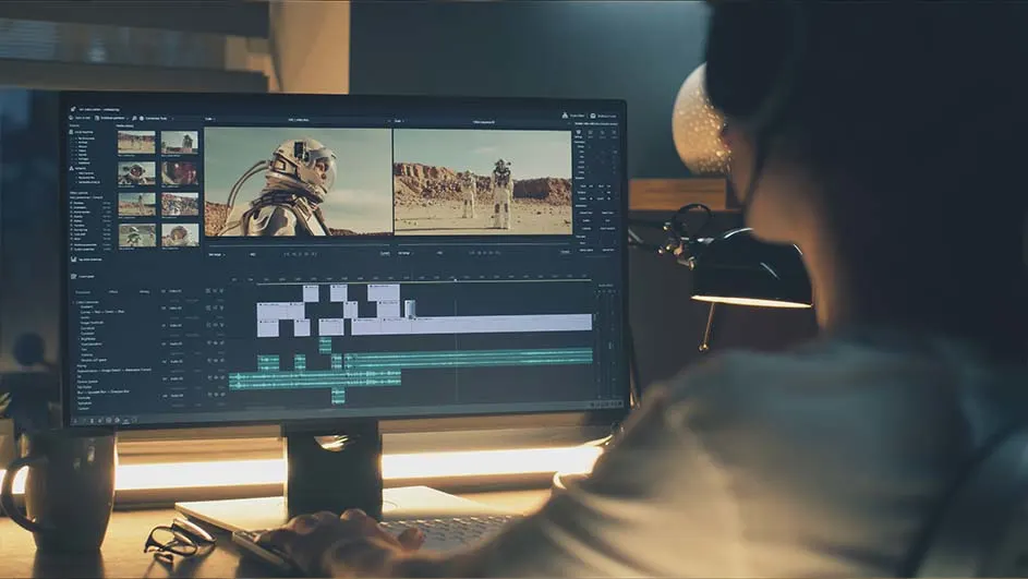 videographer editing vertical video on laptop timeline