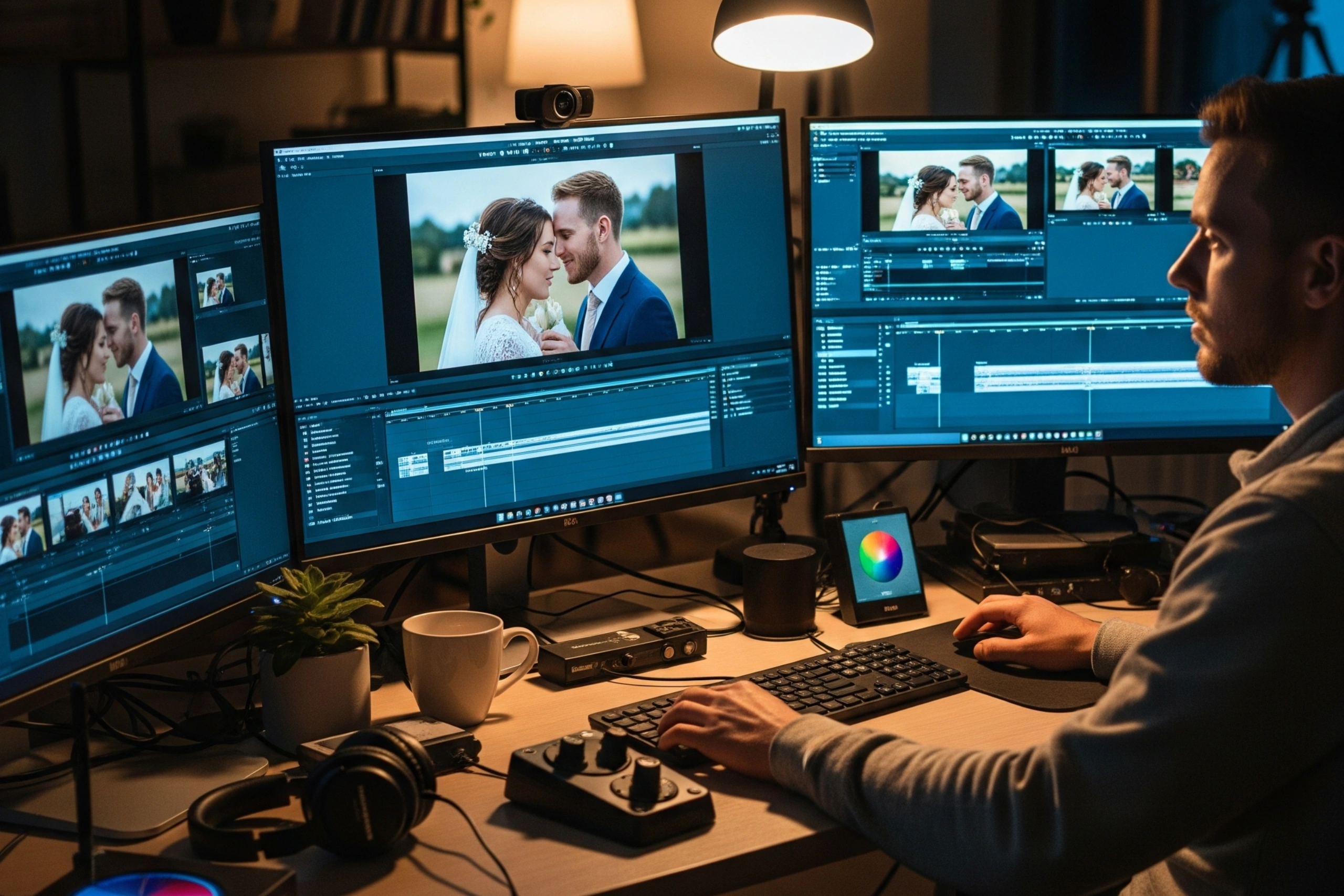 videographer editing wedding footage on dual monitors