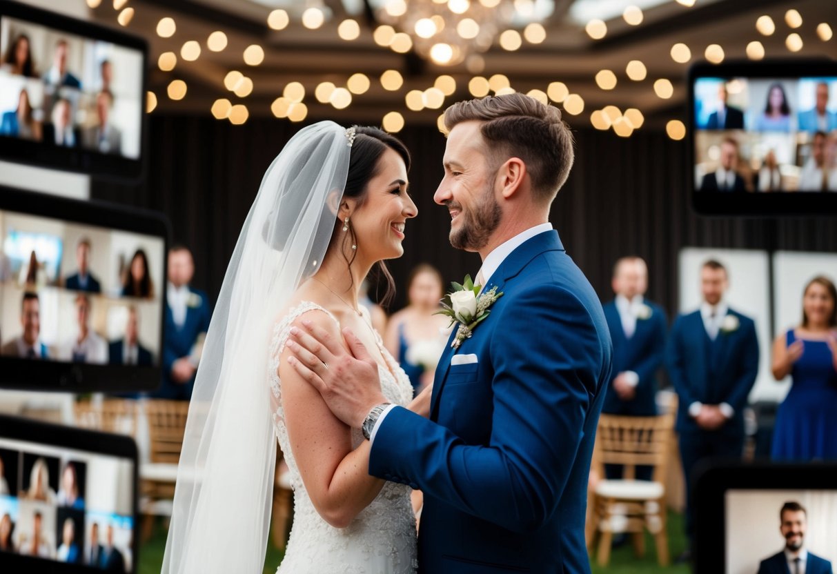 wedding guests watching video screen at reception