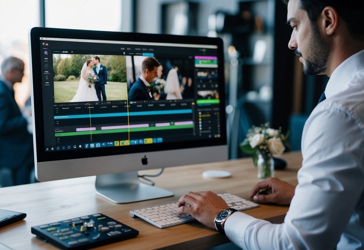 wedding videographer editing footage on laptop