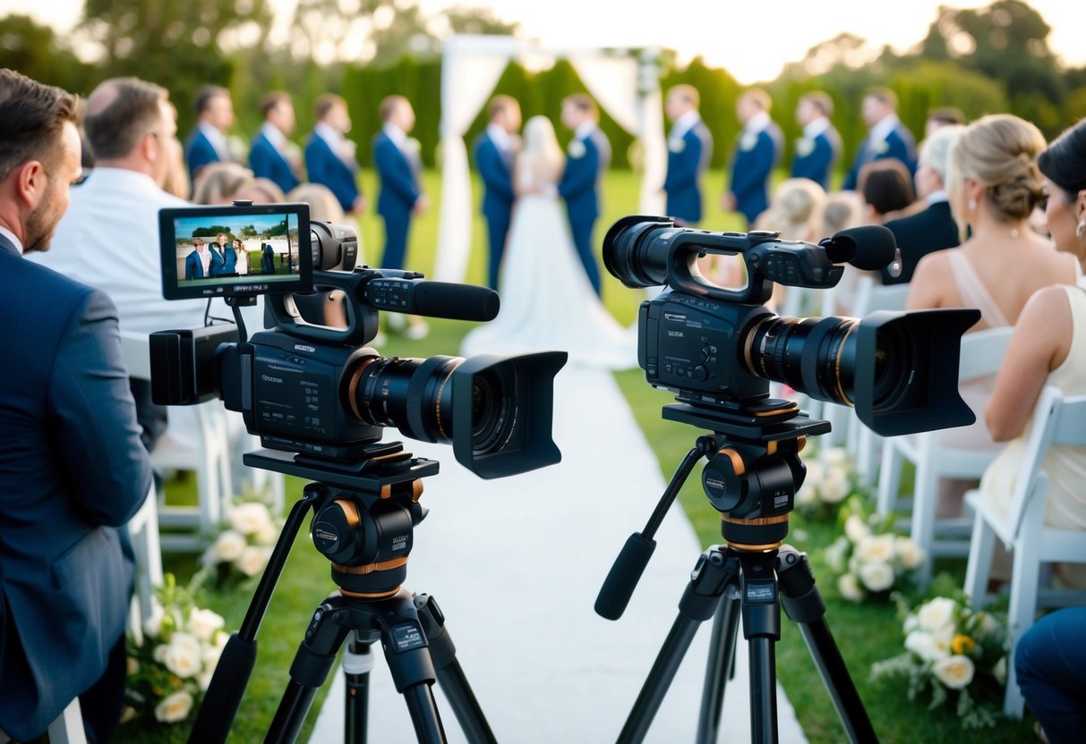 wedding videographer with two cameras filming outdoor ceremony