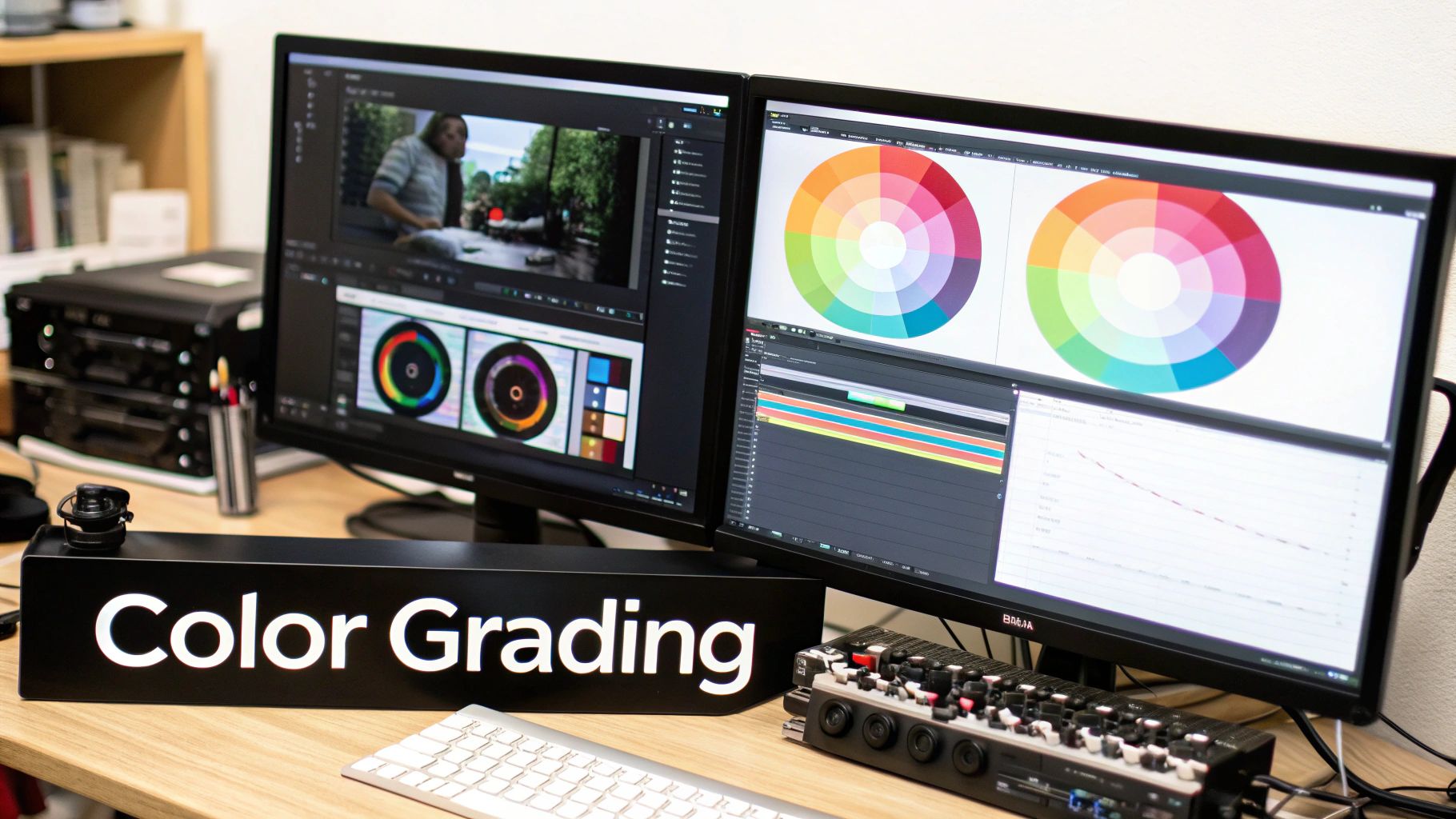 editor color grading video on dual monitors