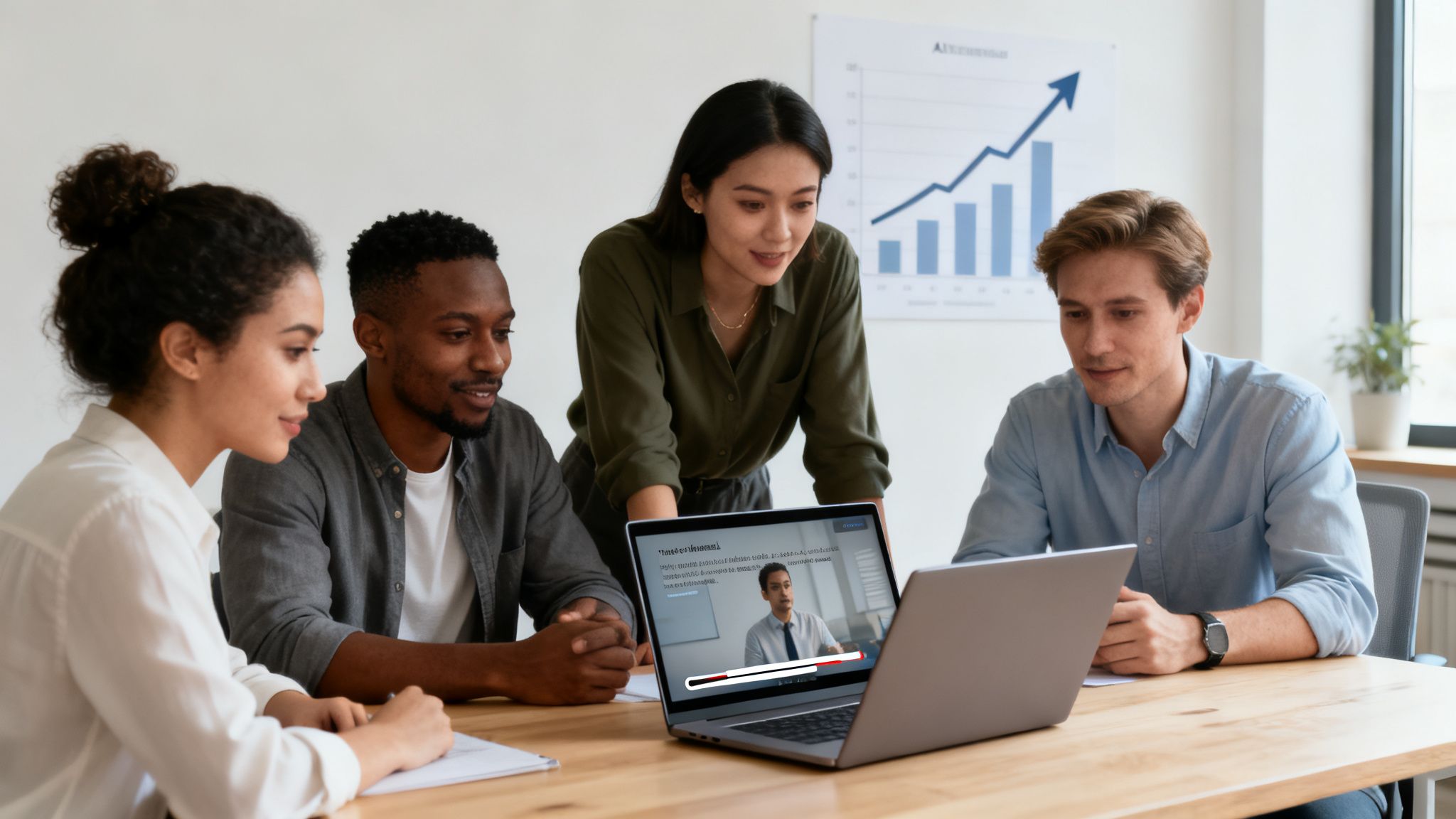 employee watching e-learning training video on laptop