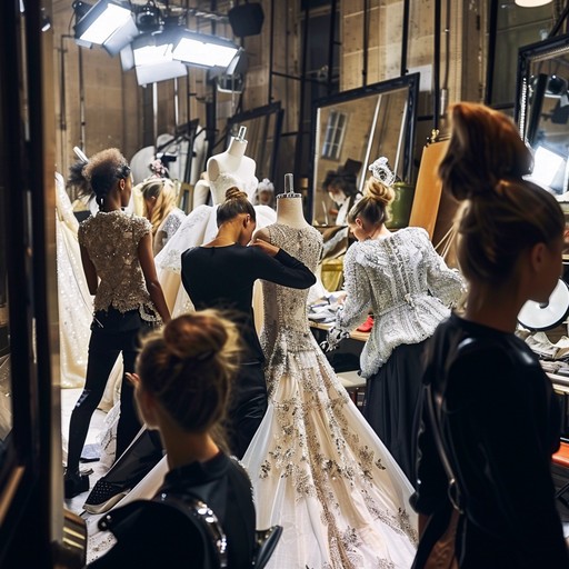 fashion stylist adjusting garment on model backstage