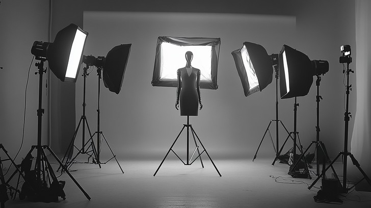 fashion videographer filming model with softbox lighting