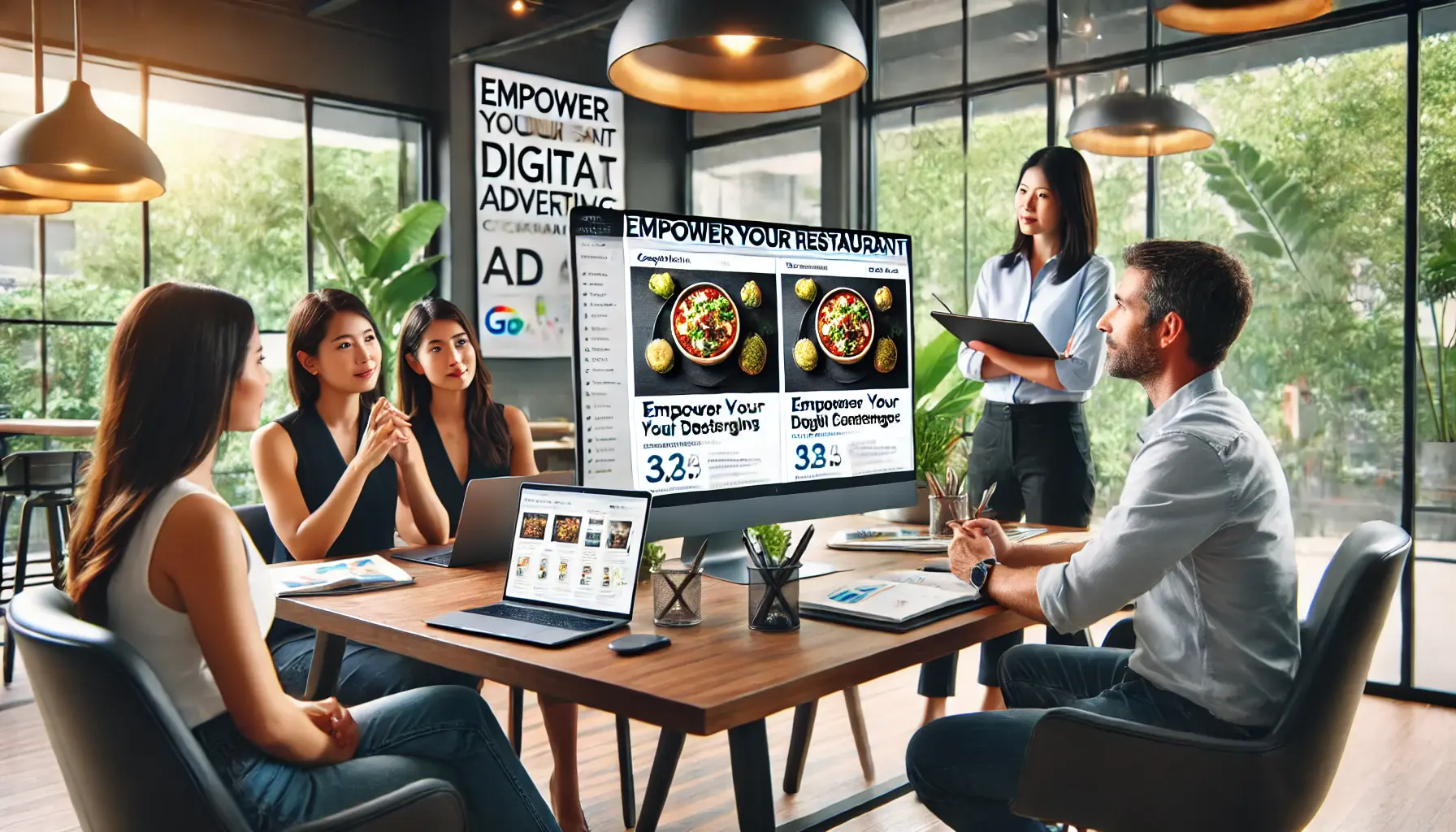 marketing team reviewing video ad campaign on monitor