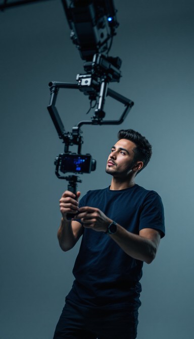 solo fashion videographer with gimbal in studio