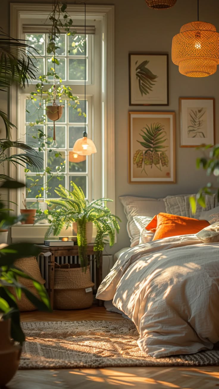 staged vacation rental bedroom with warm window light
