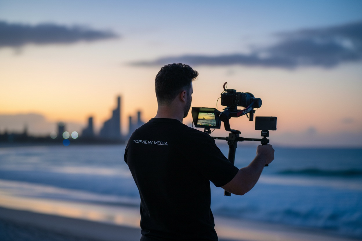 travel videographer filming coastal resort at sunset