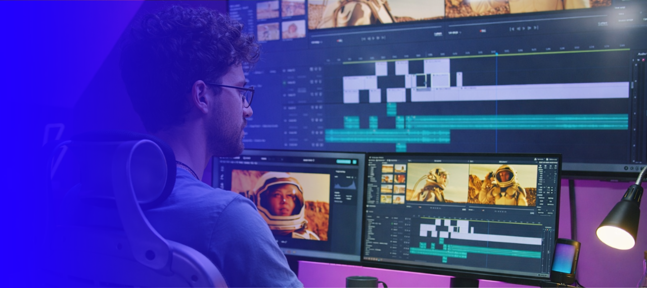 video editor color grading timeline on dual monitors