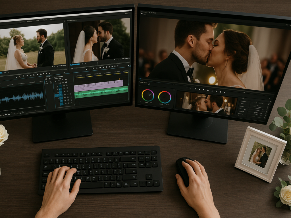 video editor reviewing wedding footage on monitors