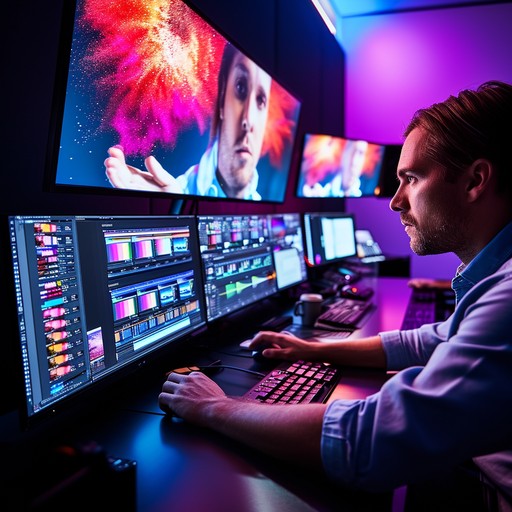video editor working late dual-monitor editing suite