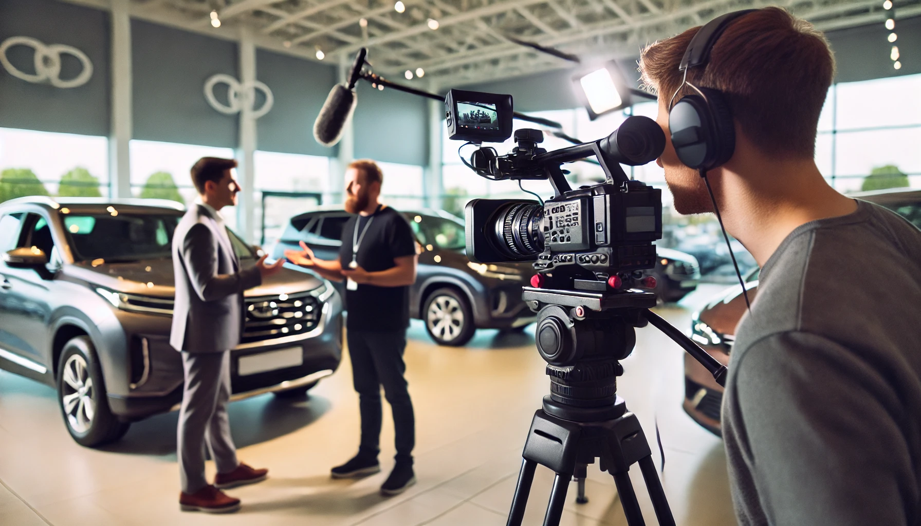 videographer filming car walkaround at dealership lot