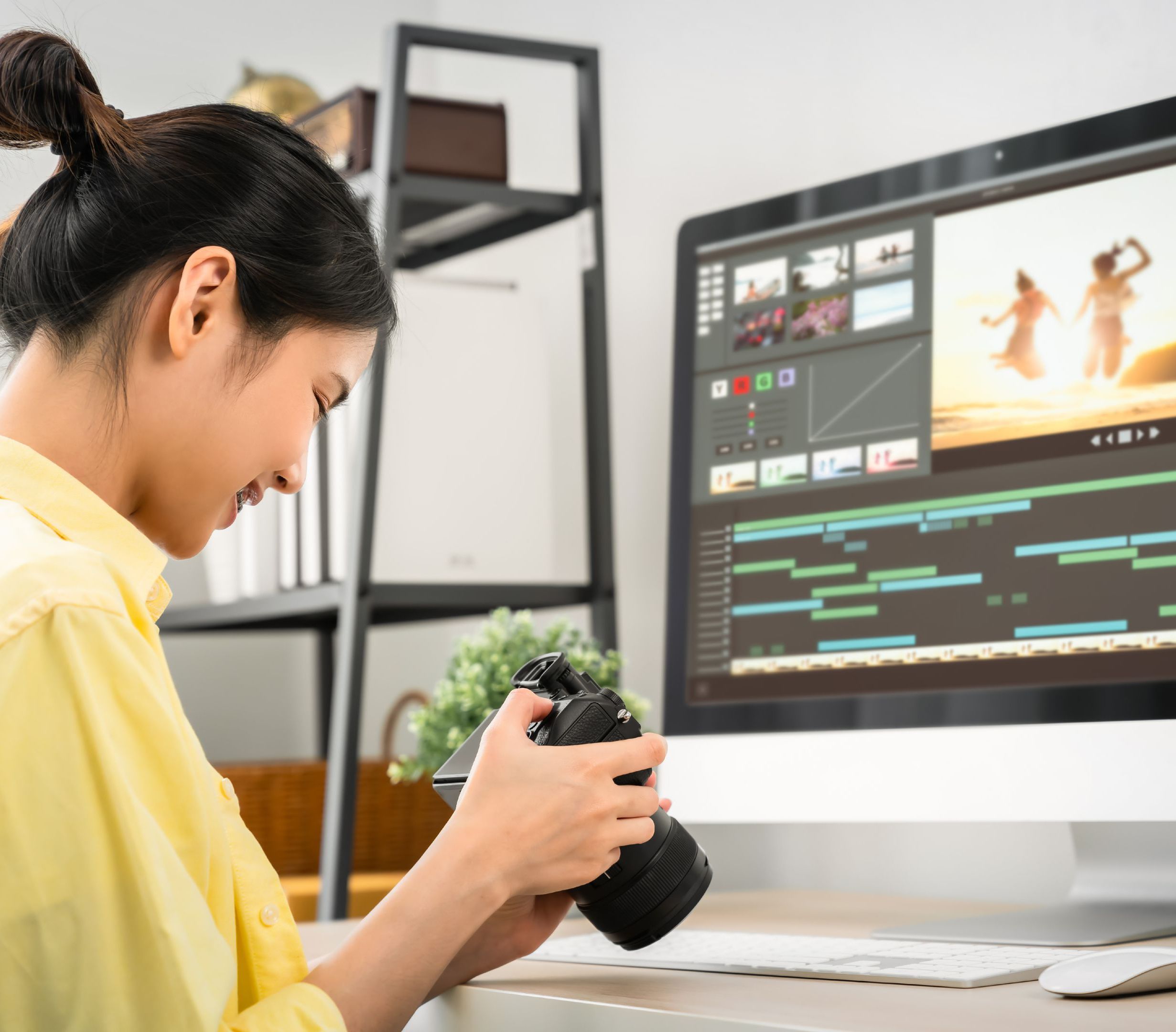 videographer reviewing content calendar on laptop
