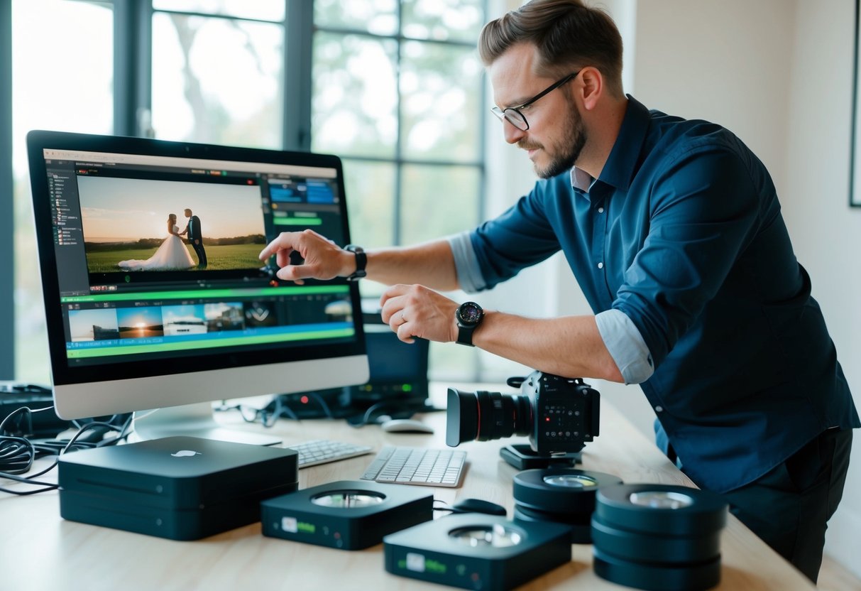 videographer reviewing engagement footage on laptop editing