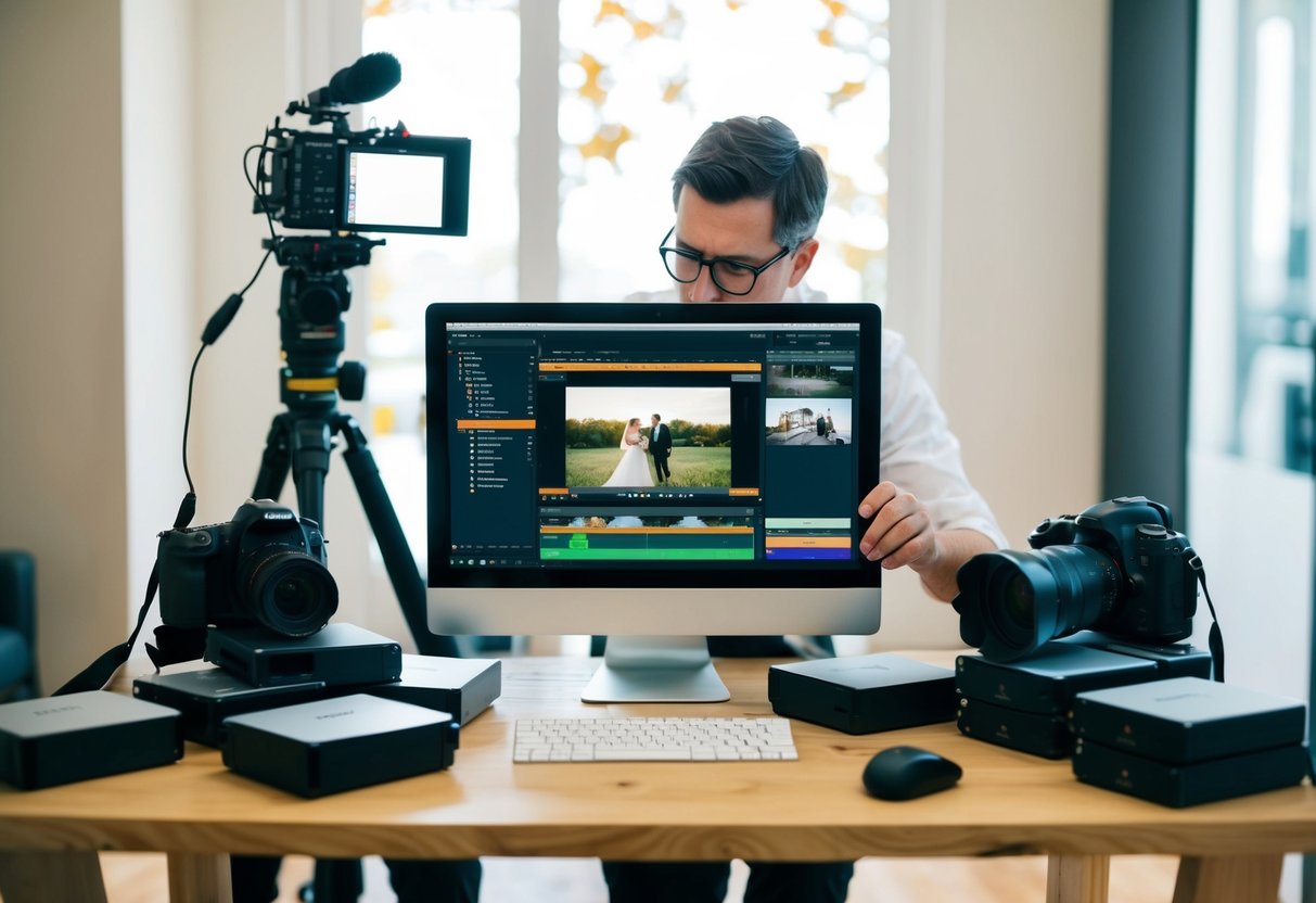 videographer reviewing footage on laptop beside camera gear