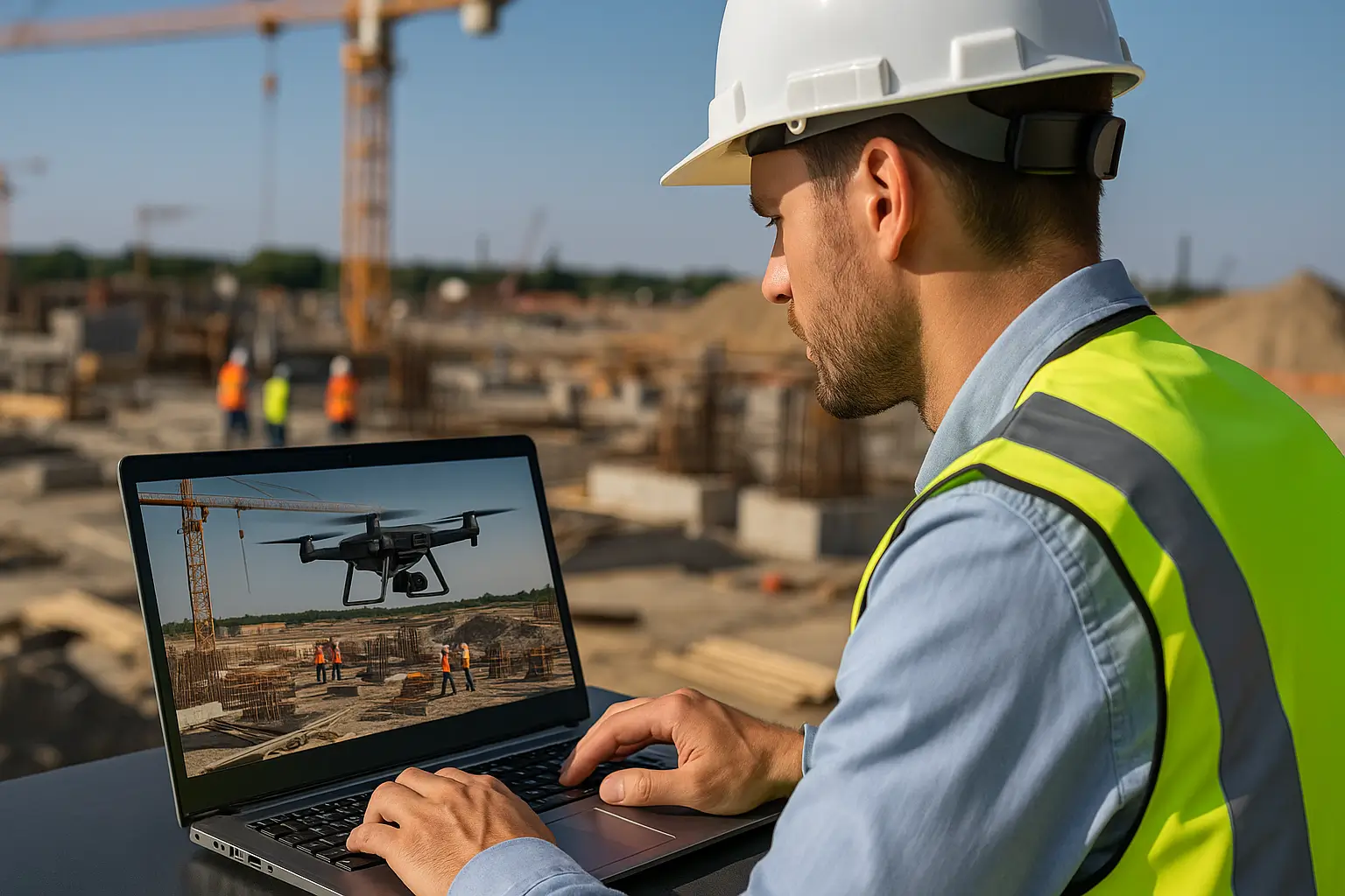 videographers reviewing drone footage on outdoor monitor