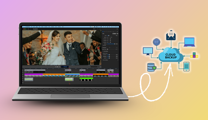 wedding videographer checking cloud backup progress