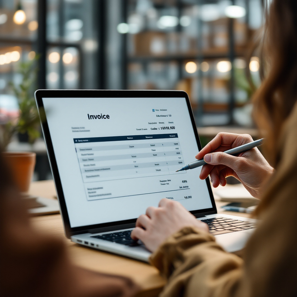 videographer reviewing invoice and contract on laptop